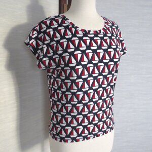 Petit Bateau Ship Print Nautical Pattern Print Red White Blue Cotton Tee T-Shirt